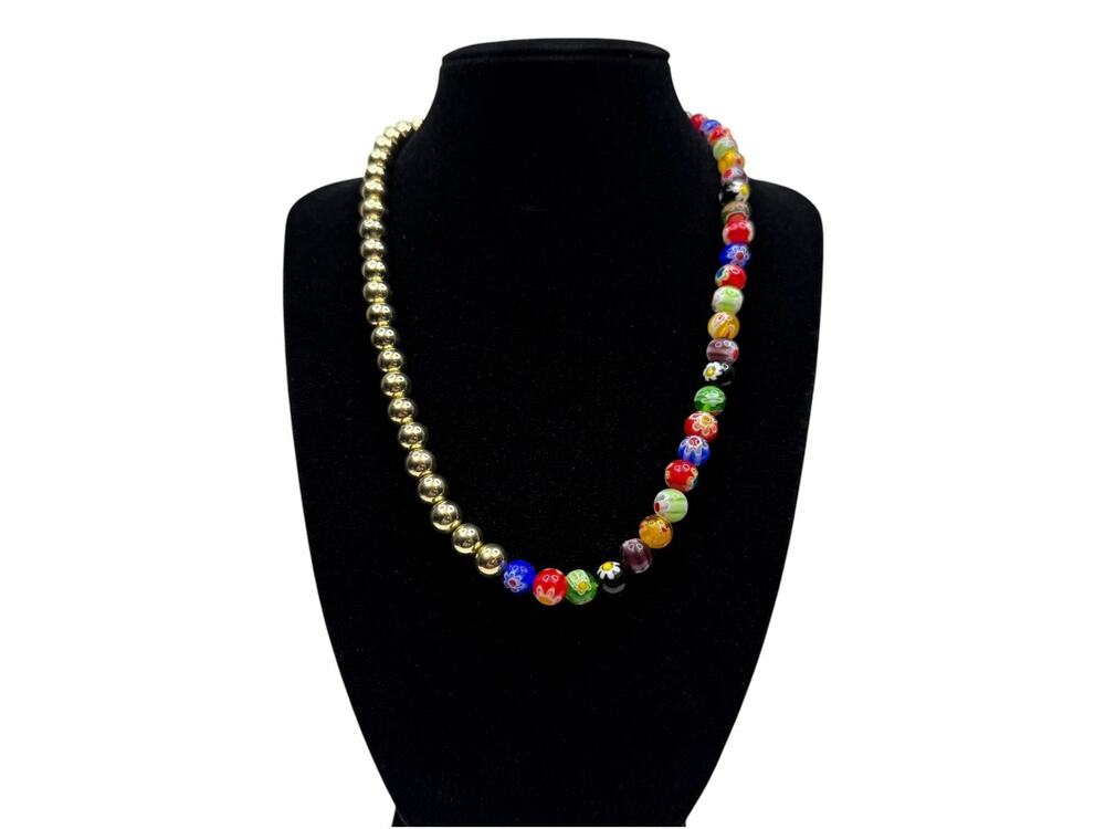 SUGARFIX Gold Tone Colorful Millefiori Glass Bead Statement Necklace Fashion 17"